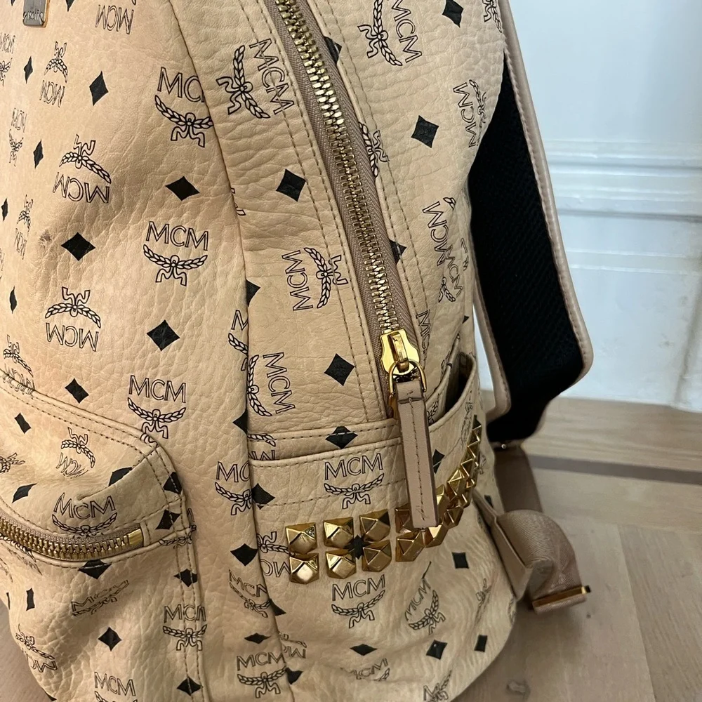 MCM Stark Side Studded Canvas Large Backpack Beige